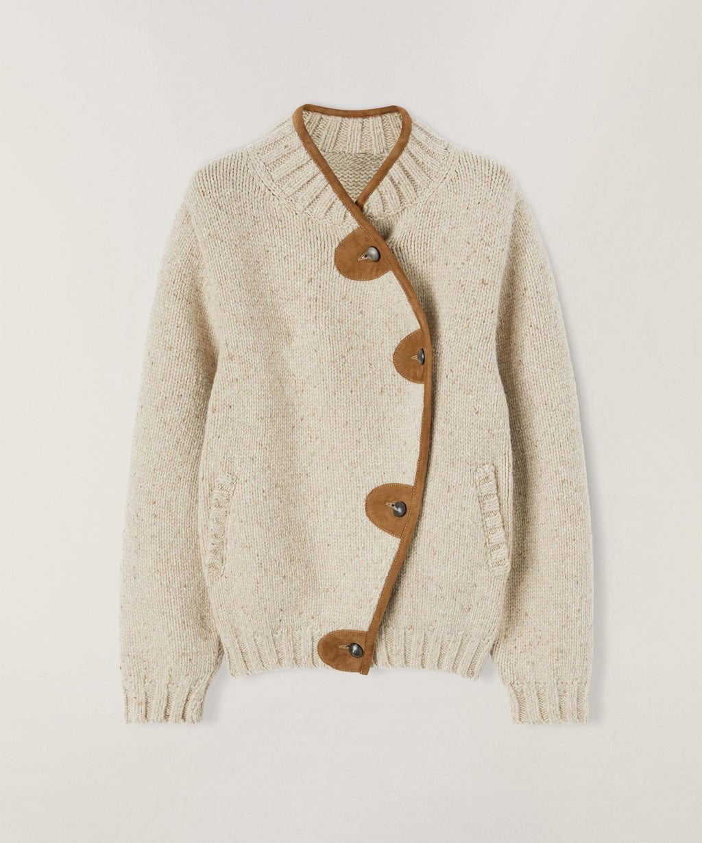 Luxury 100% Wool Asymmetric Knit Jacket | Premium Leather-Trimmed Donegal Cardigan