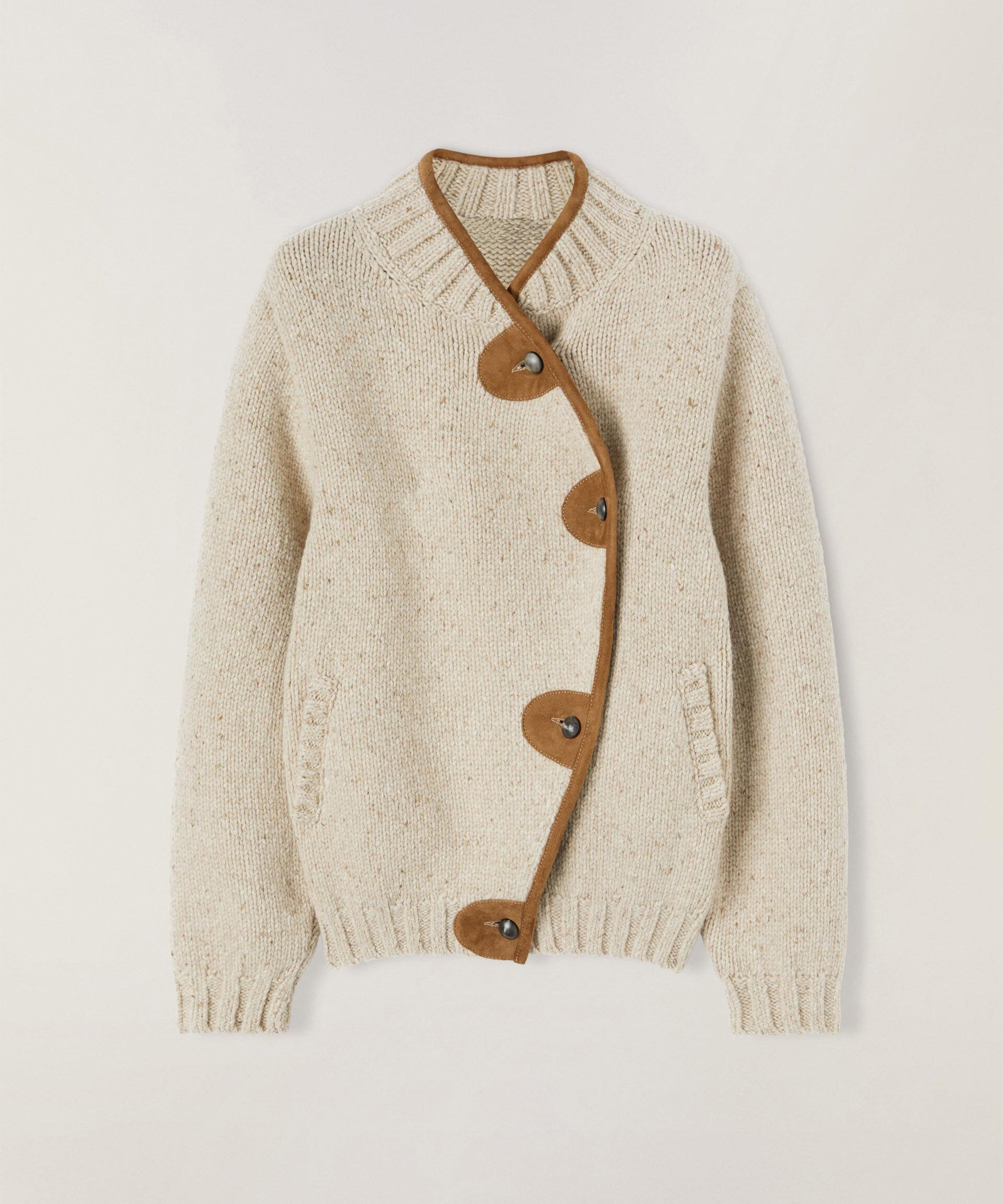 Luxury 100% Wool Asymmetric Knit Jacket | Premium Leather-Trimmed Donegal Cardigan