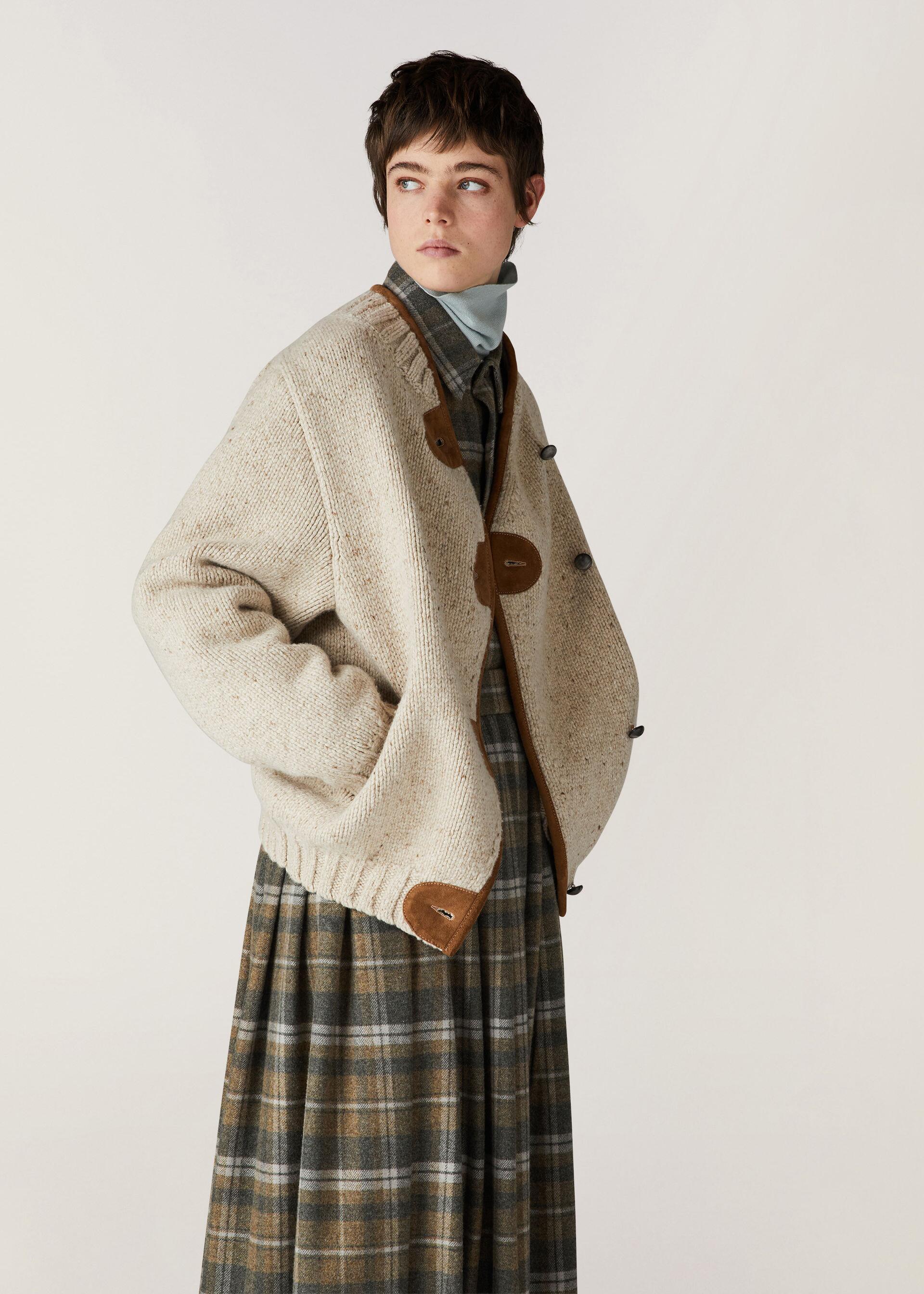 Luxury 100% Wool Asymmetric Knit Jacket | Premium Leather-Trimmed Donegal Cardigan
