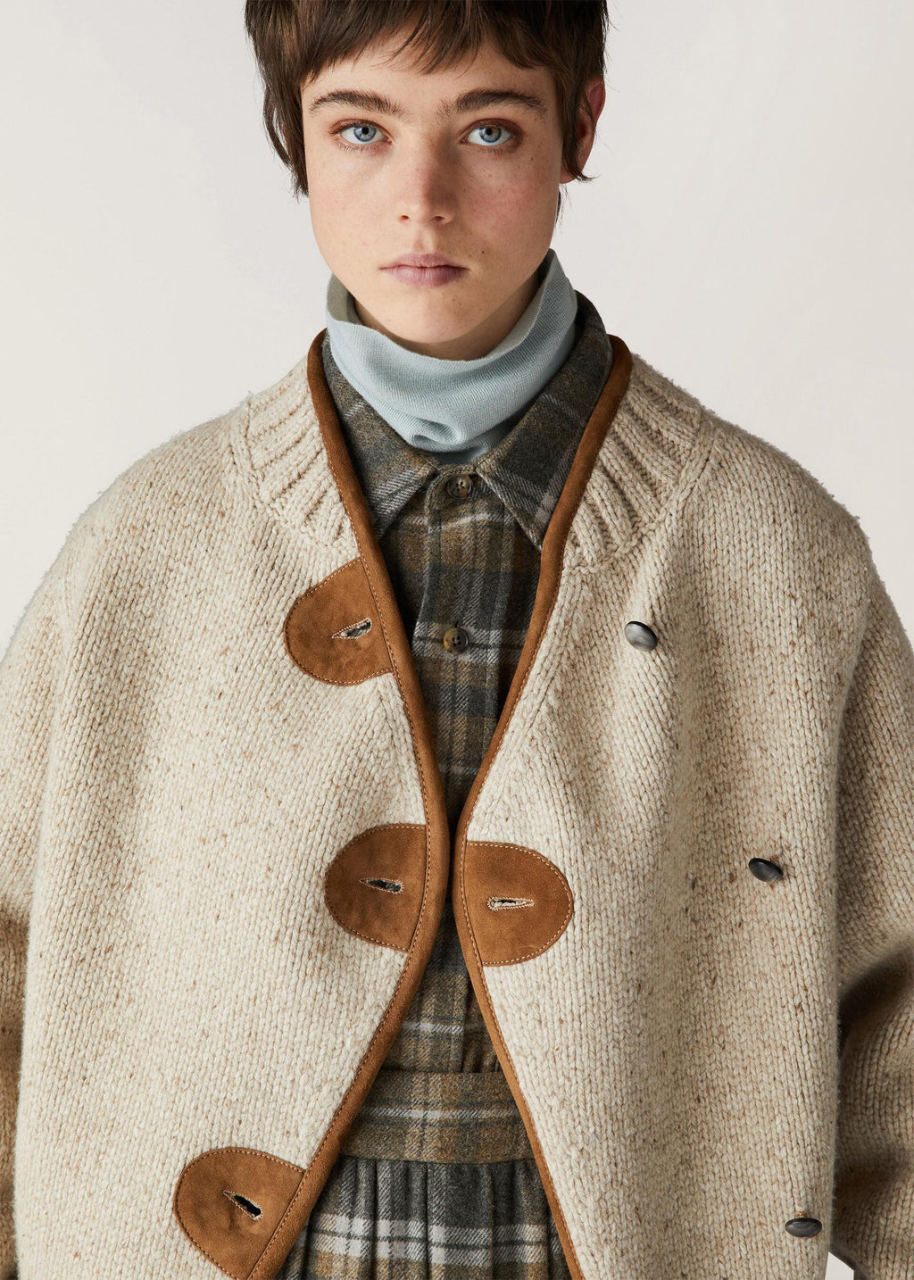 Luxury 100% Wool Asymmetric Knit Jacket | Premium Leather-Trimmed Donegal Cardigan