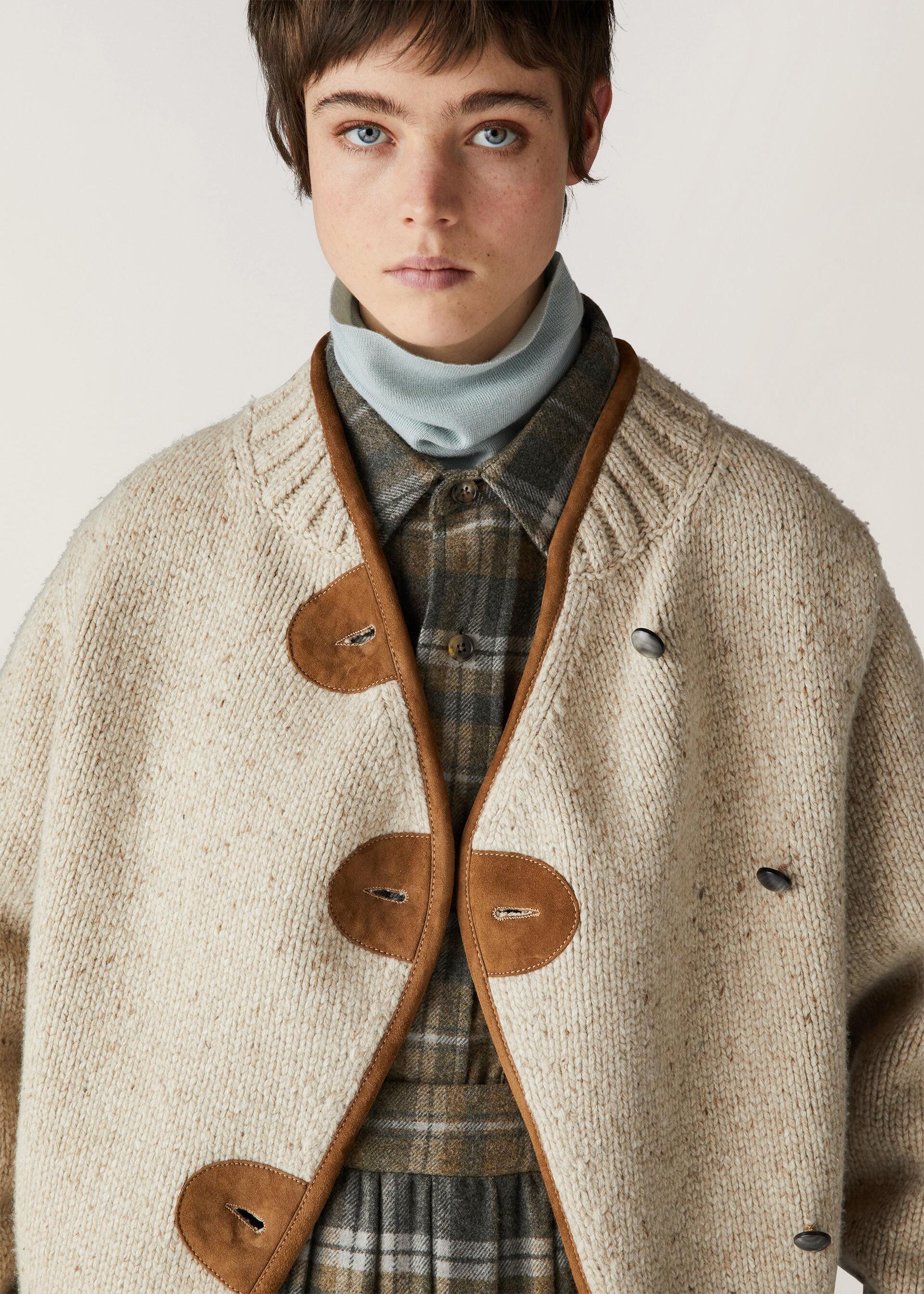 Luxury 100% Wool Asymmetric Knit Jacket | Premium Leather-Trimmed Donegal Cardigan