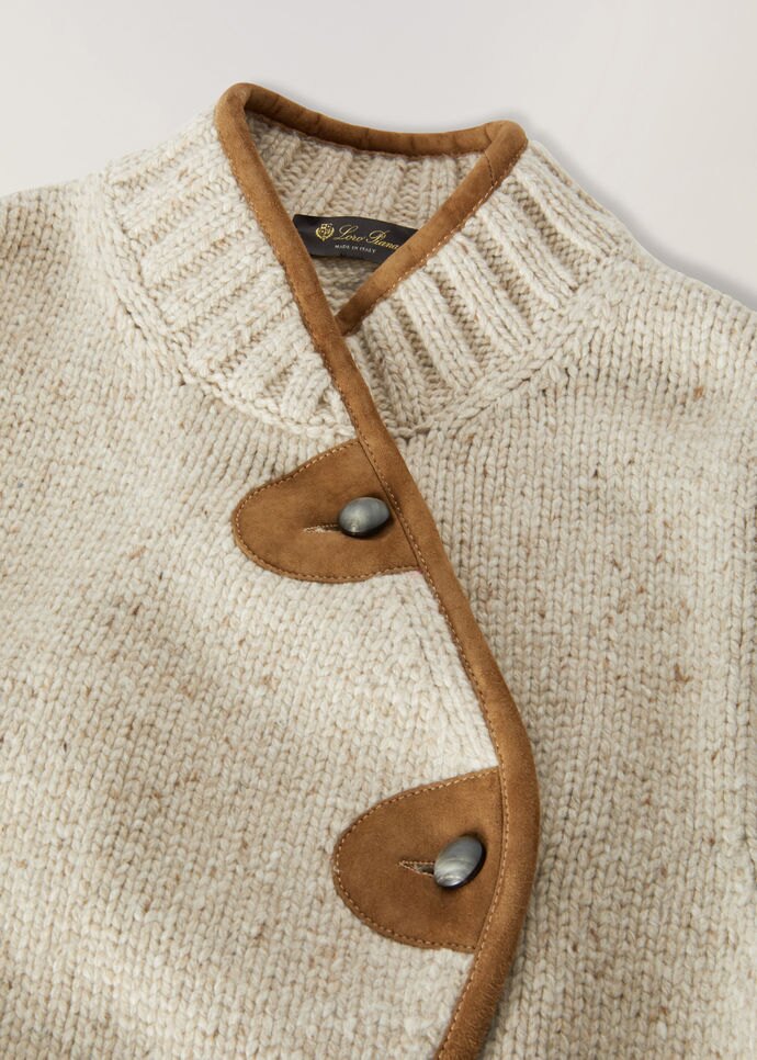 Luxury 100% Wool Asymmetric Knit Jacket | Premium Leather-Trimmed Donegal Cardigan